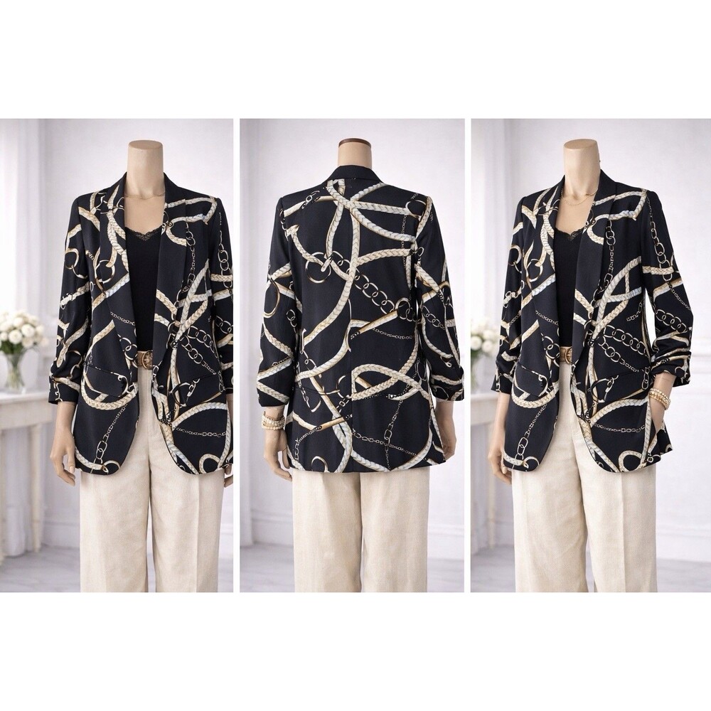 Alberto Makali Women’s Black Chain Print Open Front Blazer Stretch Career Statem - Picture 1 of 12